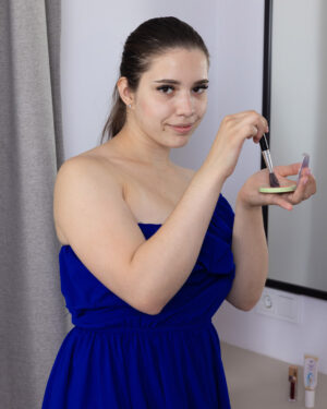 Molly Kit Poses By Her Mirror In A Blue Dress We Are Hairy
