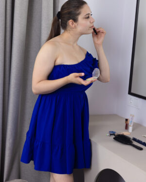 Molly Kit Poses By Her Mirror In A Blue Dress We Are Hairy